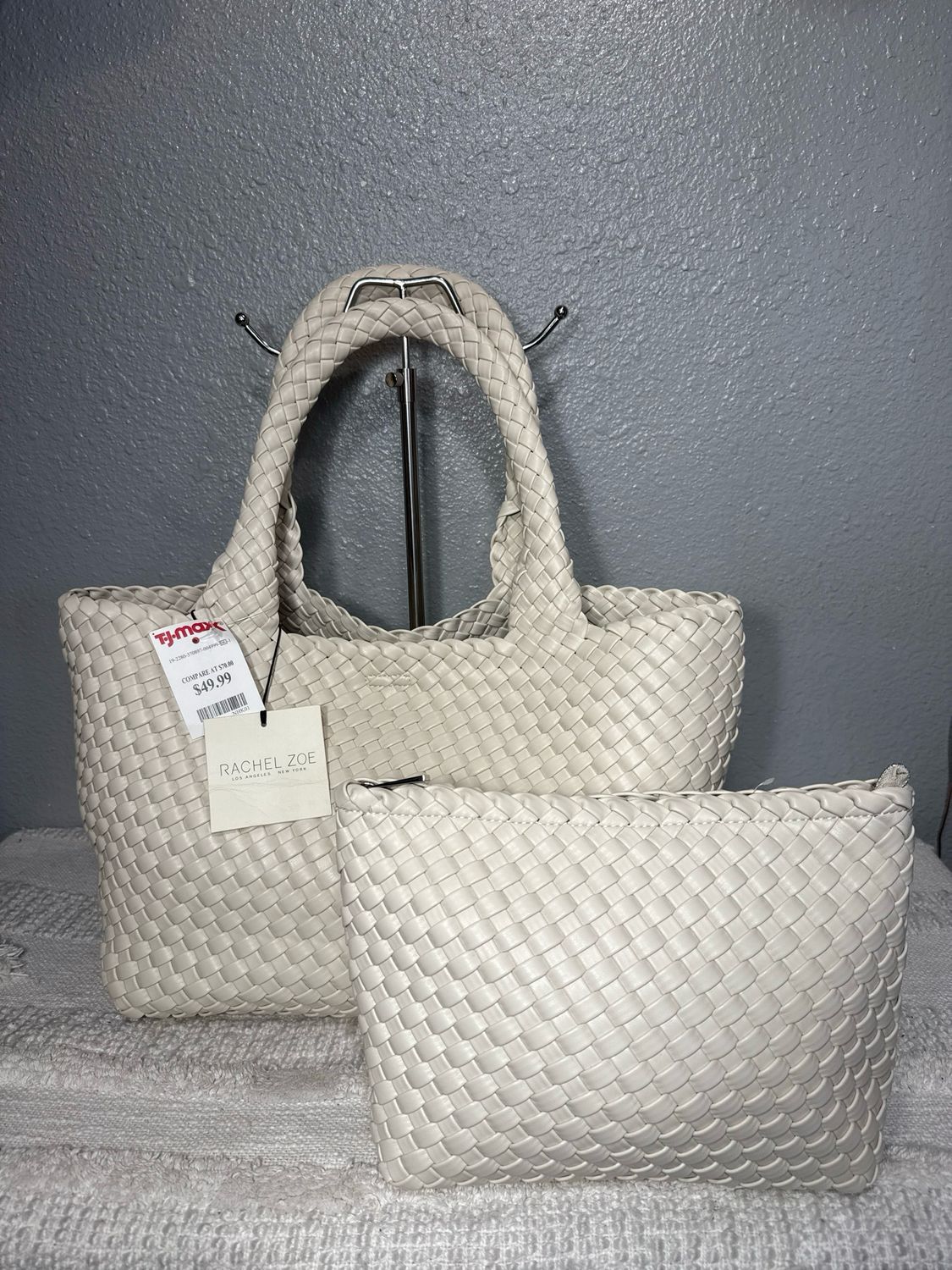 Rachel Zoe, vanilla Vegan Braided Leather Tote, And Pouch New With Tags!