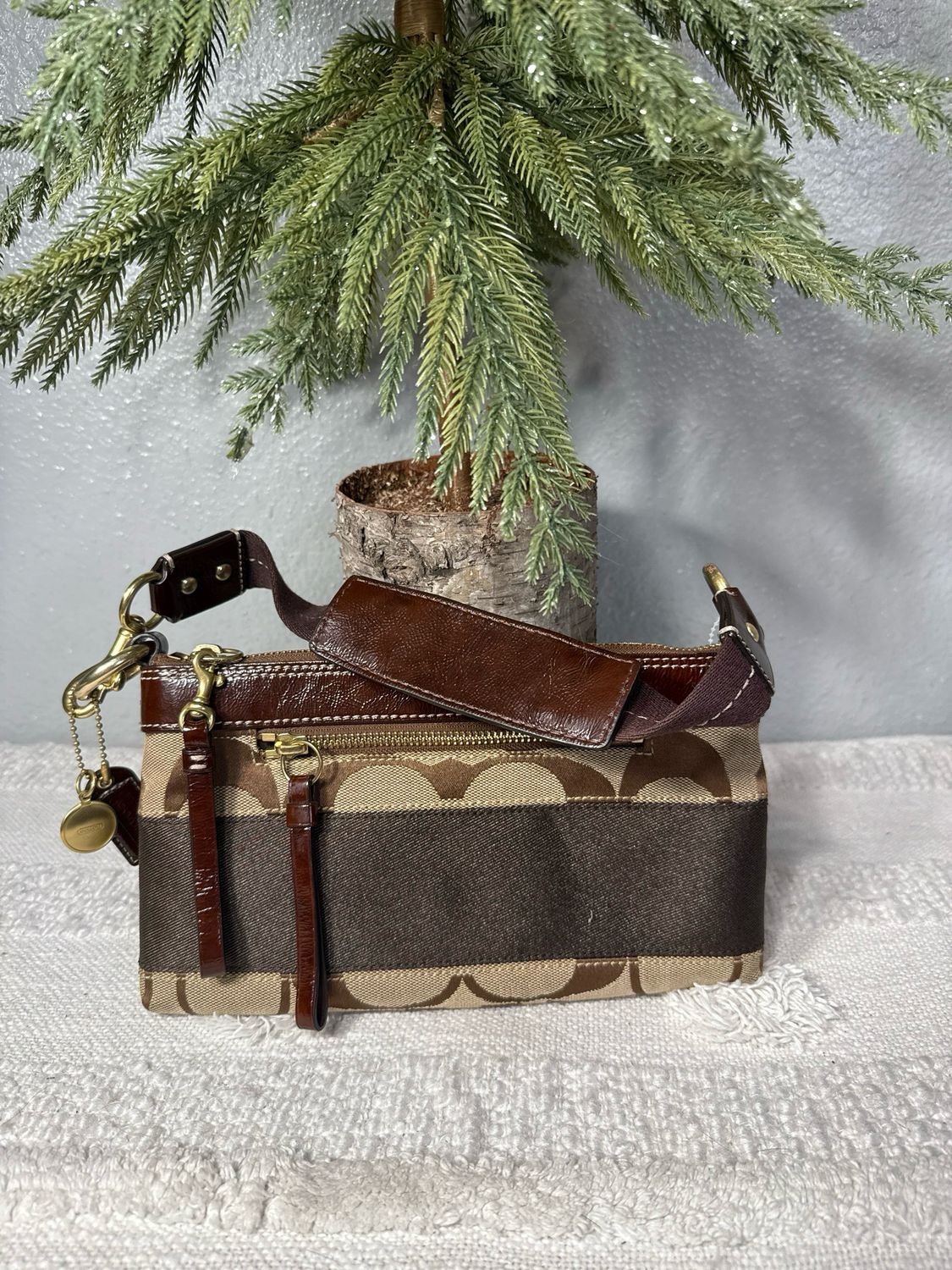 Coach Vintage Brown Signature Stripe Shoulder Bag, Catchall Or Clutch New Without Tags 2006