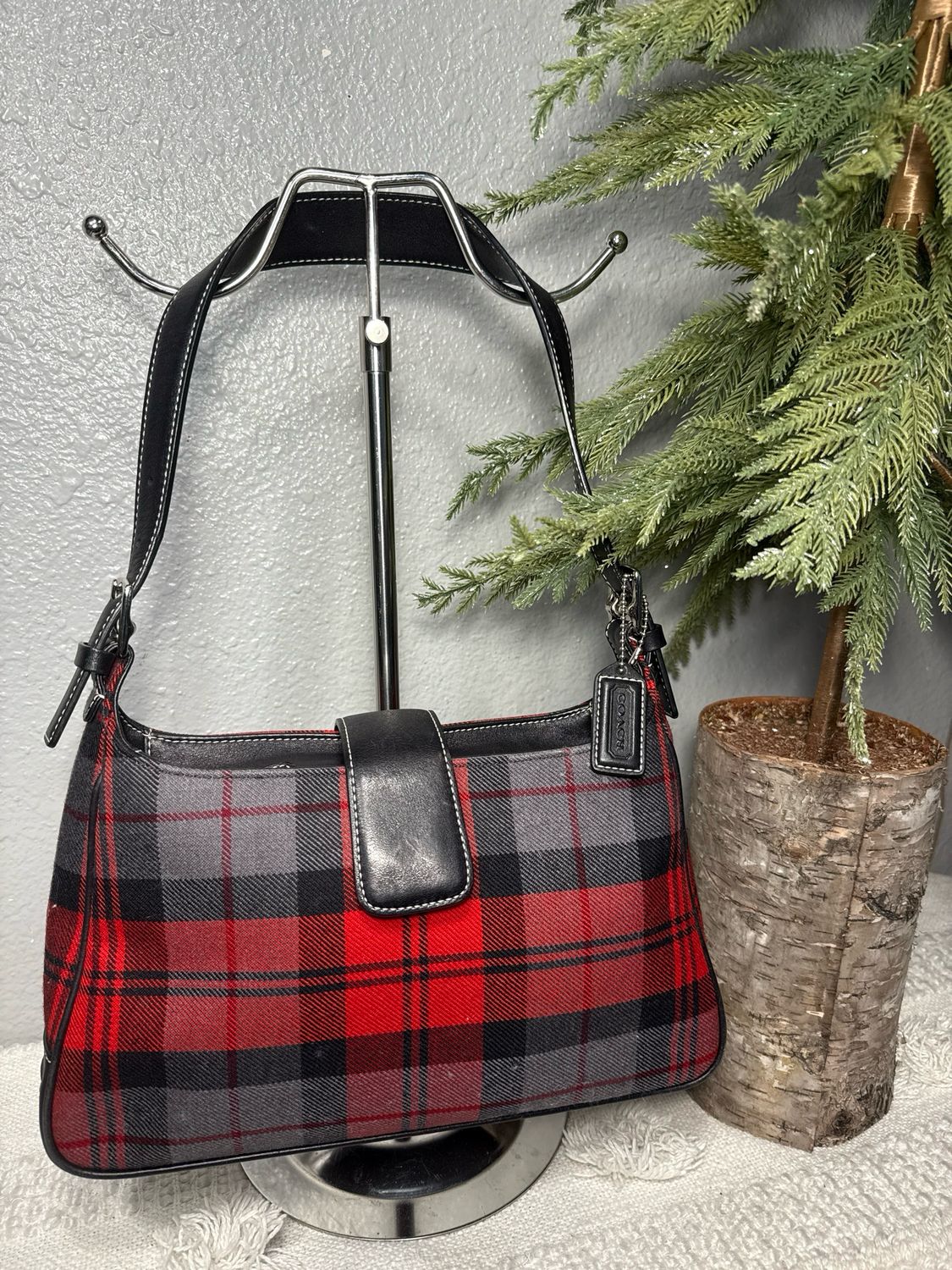 Coach Vintage Extremely Rare Find Wool Tartan And Black Leather Shoulder Bag NWOT!