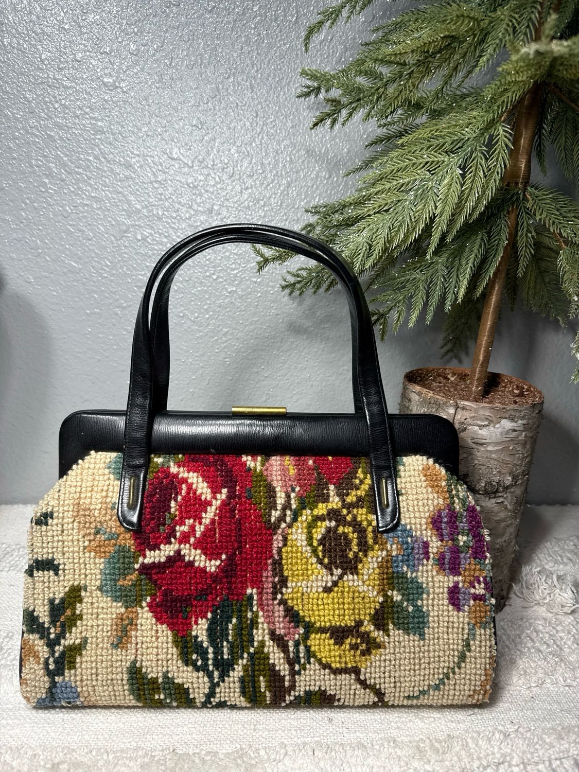 Jana Vintage 1950’s Tapestry Carpet Bag With Black Leather Trim Framed Handbag