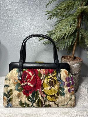 Jana Vintage 1950’s Tapestry Carpet Bag With Black Leather Trim Framed Handbag
