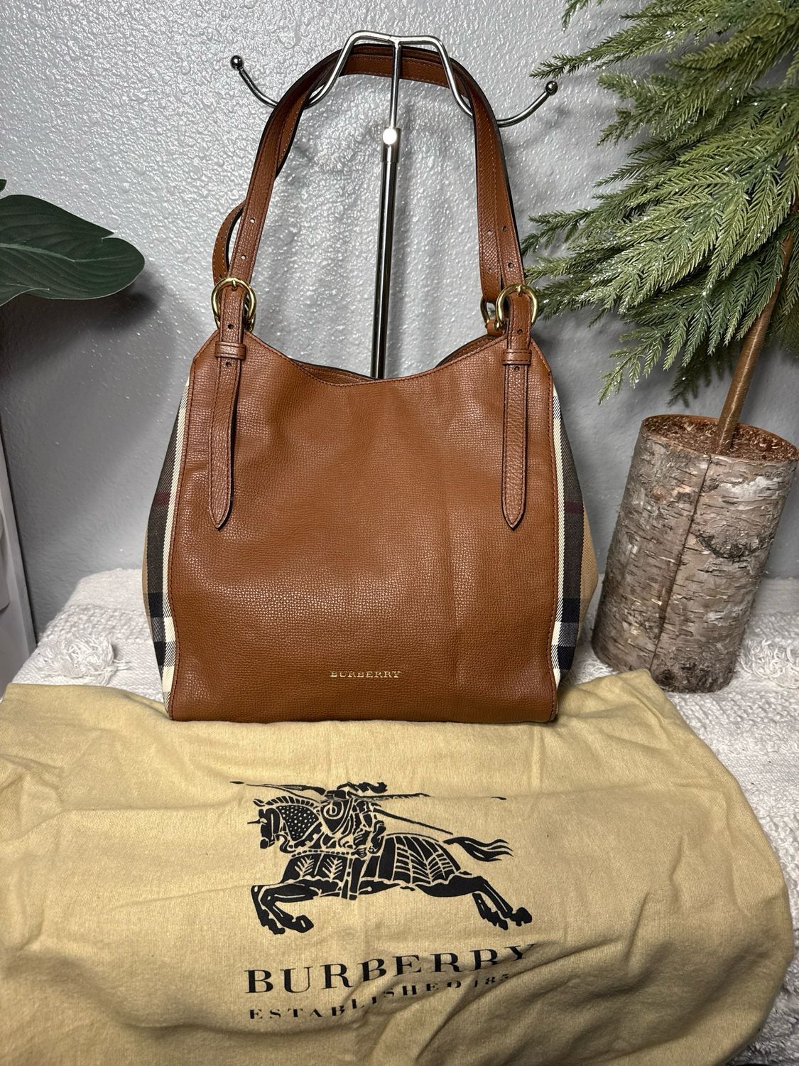 Burberry Authentic Brown Leather And Canvas Shoulder Bag