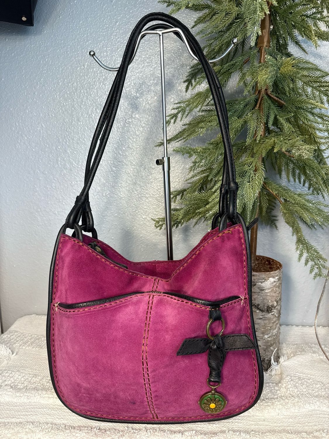 Lucky Brand, Magenta, Suede, And Black Leather Shoulder Bag RARE FIND!