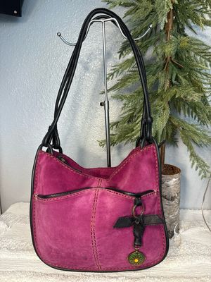 Lucky Brand, Magenta, Suede, And Black Leather Shoulder Bag RARE FIND!