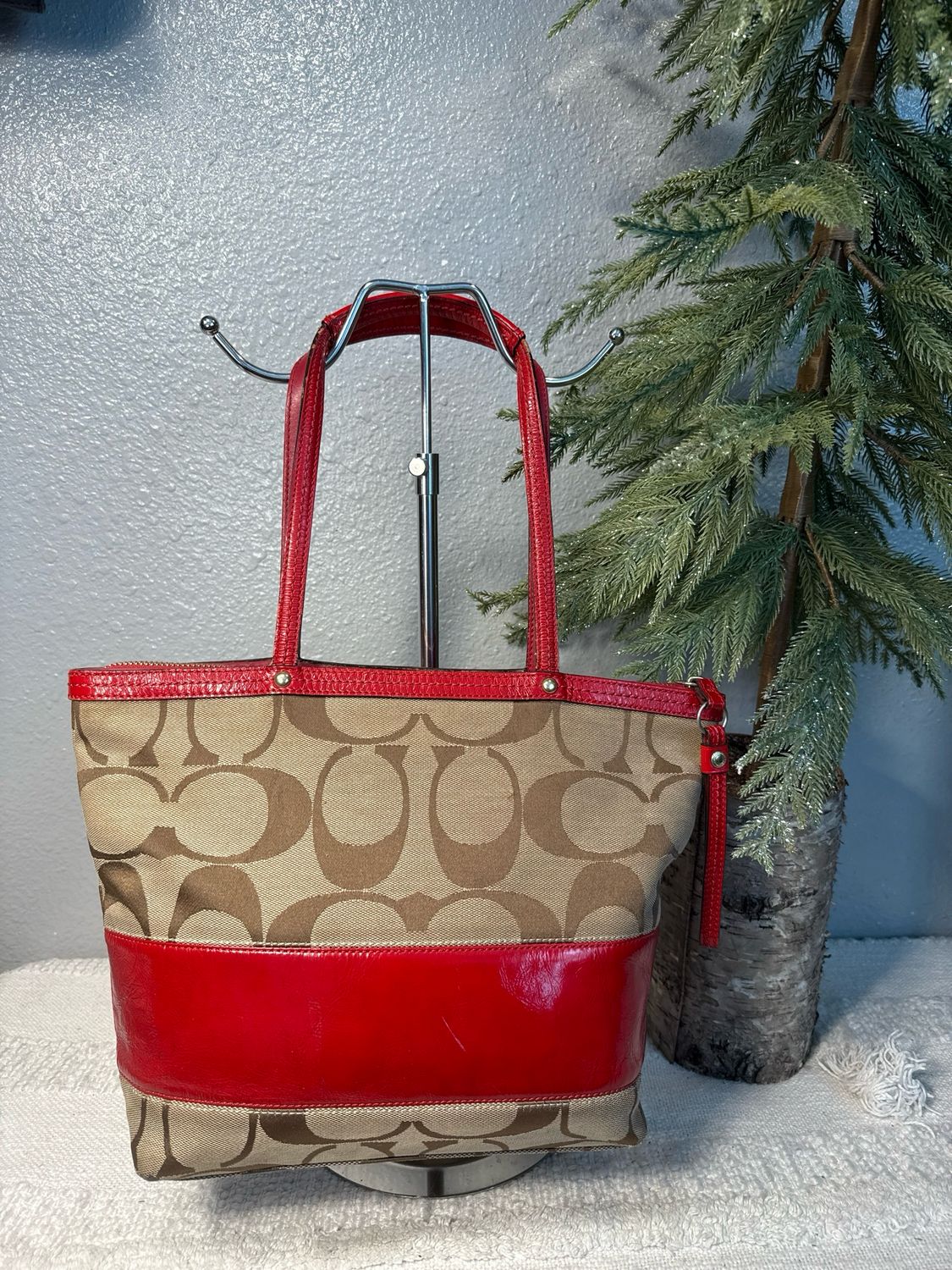 Coach Vintage Signature C Jacquard Red Leather Signature Stripe Tote