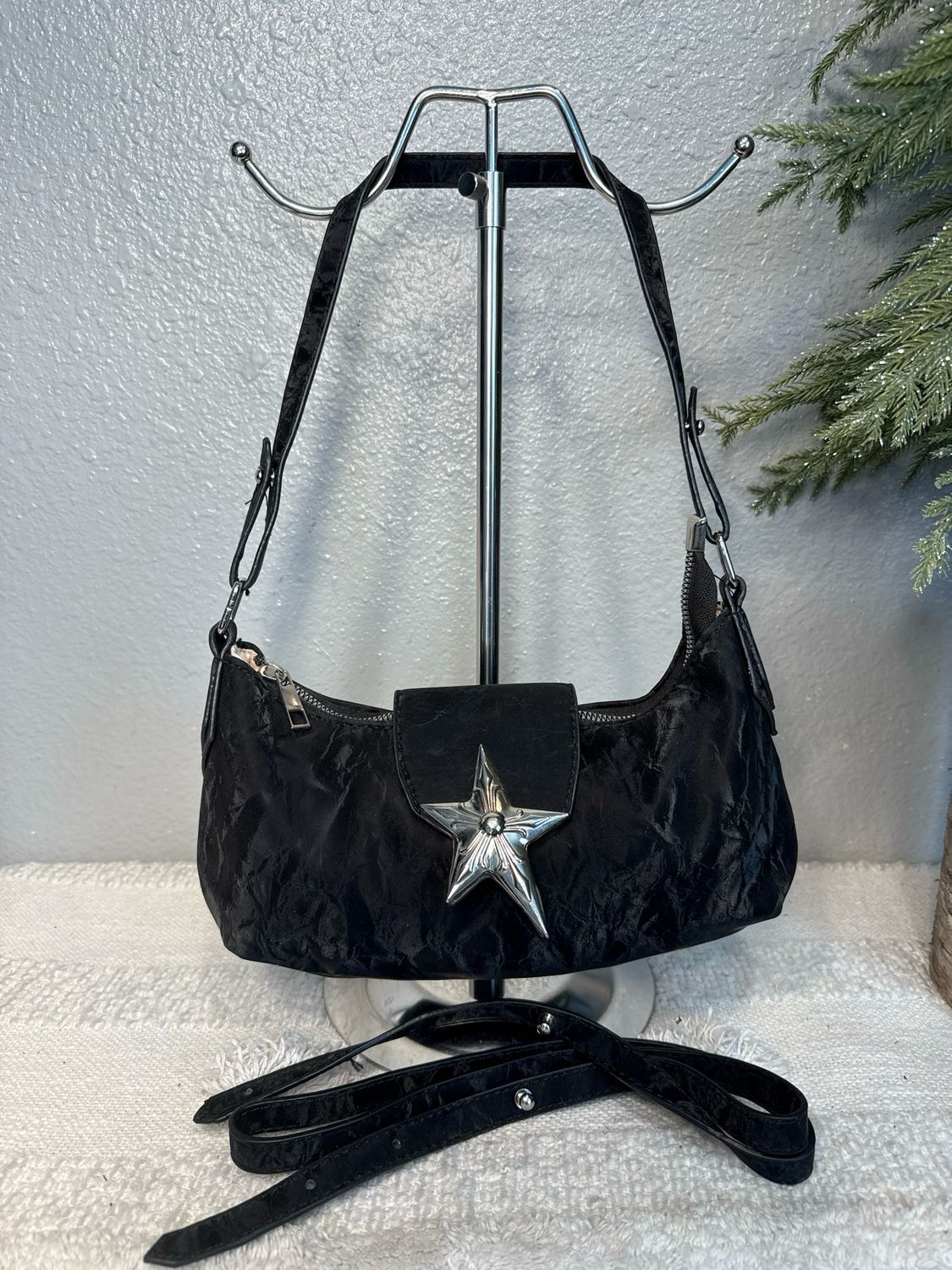 Gabrielle R Black Leather Like Silver Star Shoulder Bag Or Crossbody