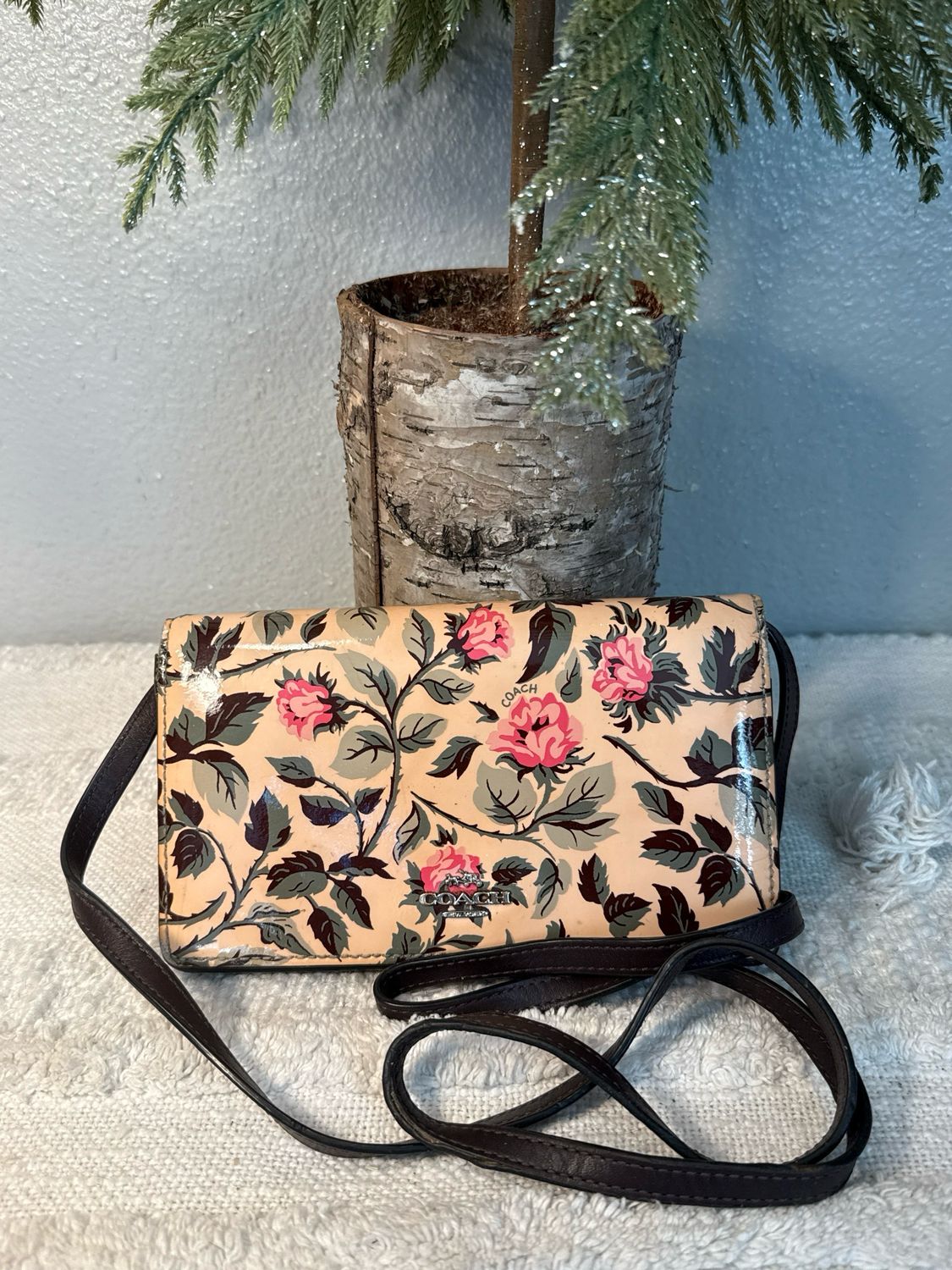 Coach Brown Leather And Tan Floral WOC