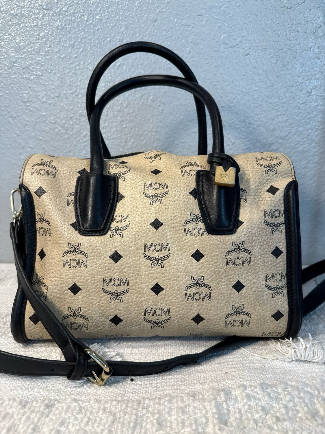 MCM AUTHENTIC VISETOS Taupe And Black Leather Satchel