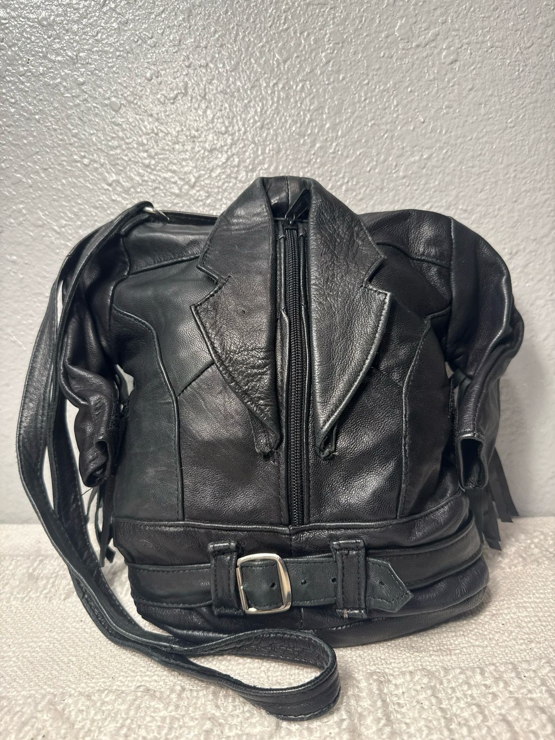 Unbranded, Vintage, Black, Leather Fringe Biker Jacket, Crossbody