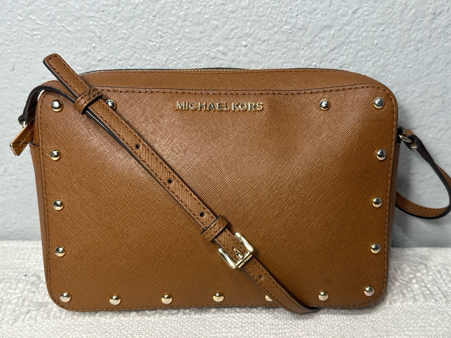 Michael Kors Brown Saffiano, Leather Gold Studded Crossbody Bag