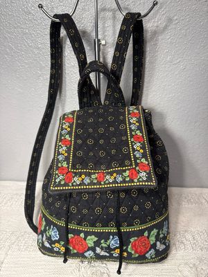 Country Province, Black Floral, Cotton, Quilted Vintage Backpack Purse