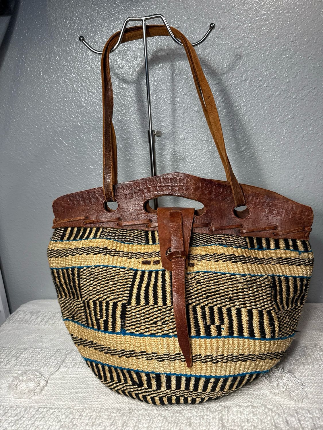 Unbranded, Handcrafted, Jute And Brown Leather Tote Or Crossbody Bag