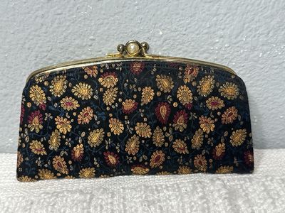 Vintage 1950S Tapestry And Leather With Pearl Double Kiss Lock Wallet