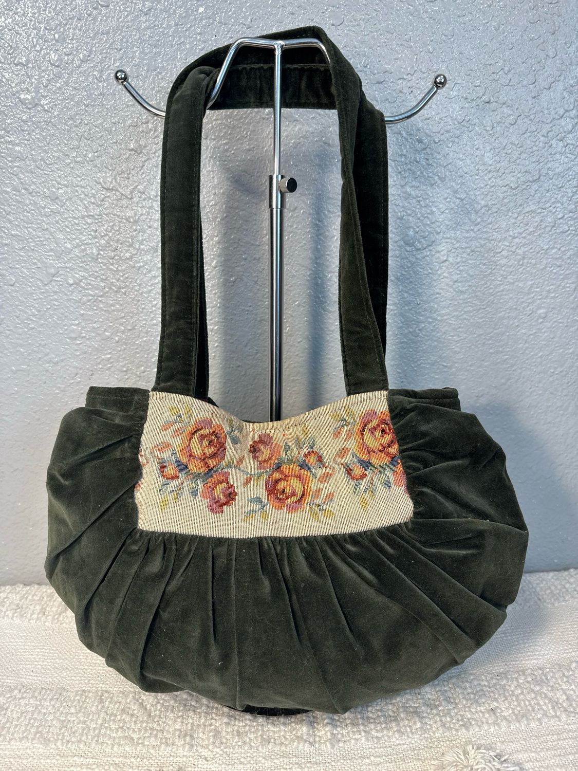 Contempo Casual Vintage Olive Green Velour And Tapestry Shoulder Bag