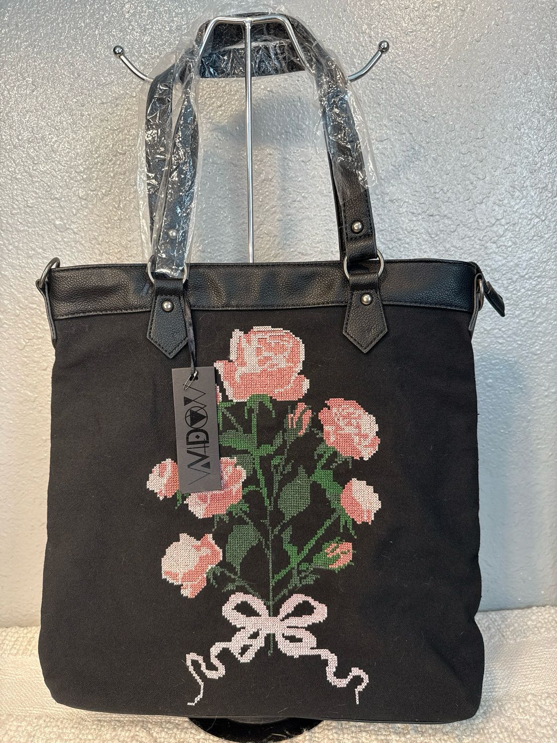 Dolls Kill Black Canvas W Pink Needlepoint Roses Tote NWT!