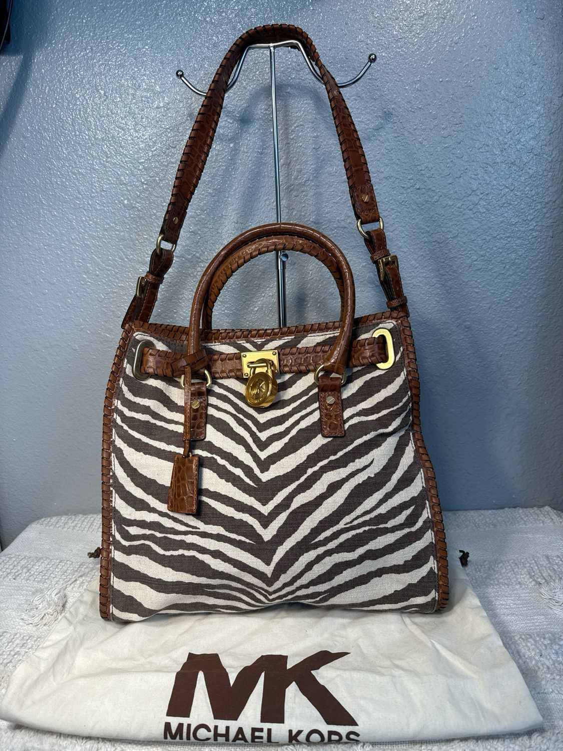 Michael Kors Pristine Zebra Brown And Ivory Linen With Leather Whip Stitch, Trim Satchel NWOT!