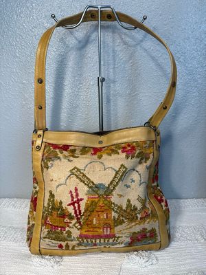 Unbranded Vintage 1950S Dutch Windmill Tapestry Carpet Shoulder Bag With Leather Trim needs restoration