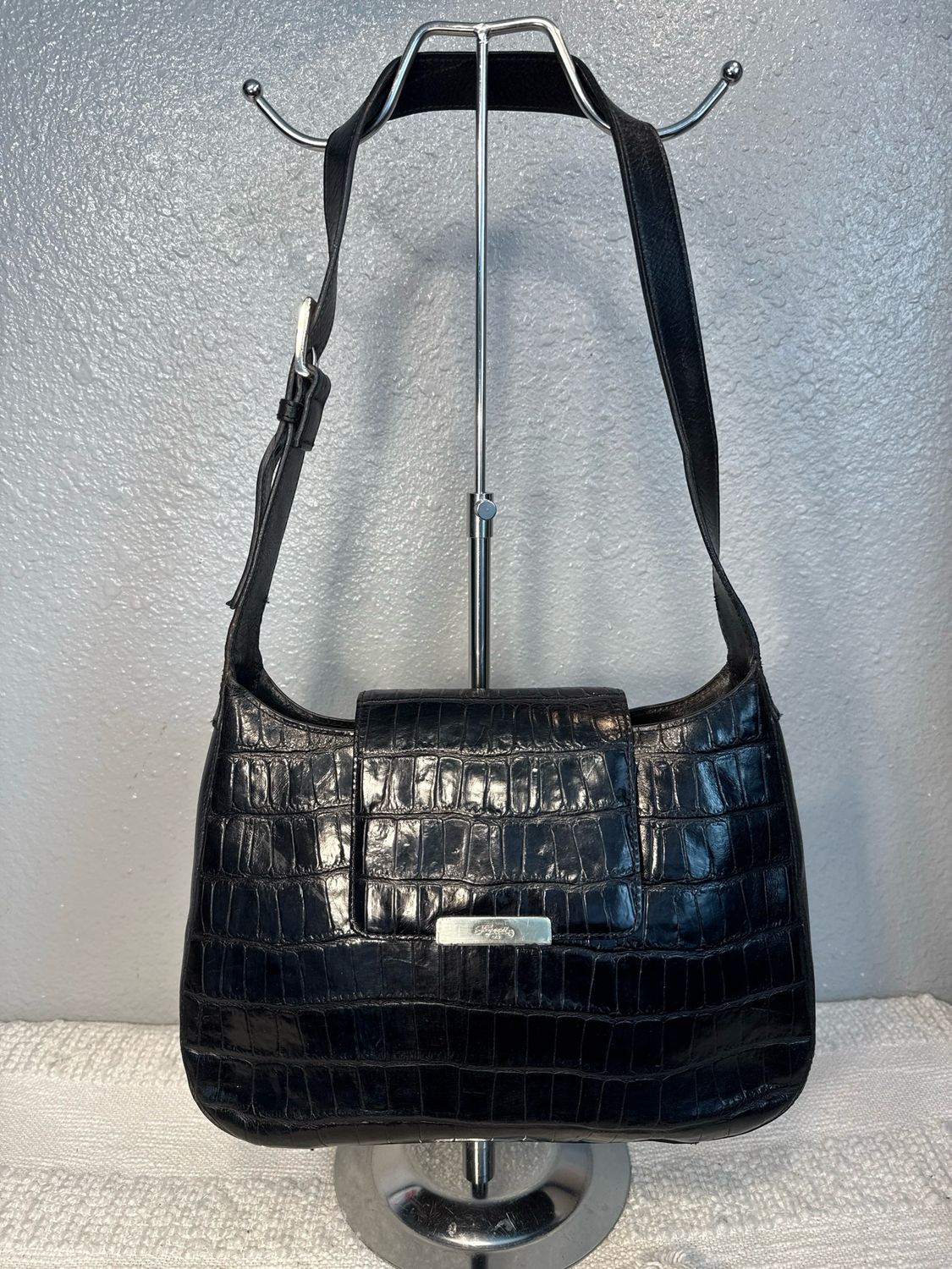 Fossil, Vintage, Black, Croc, Embossed, Leather Shoulder Bag