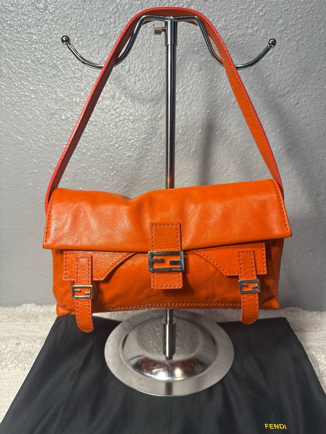 Fendi Vintage Orange, Leather Baguette, And Dust Bag