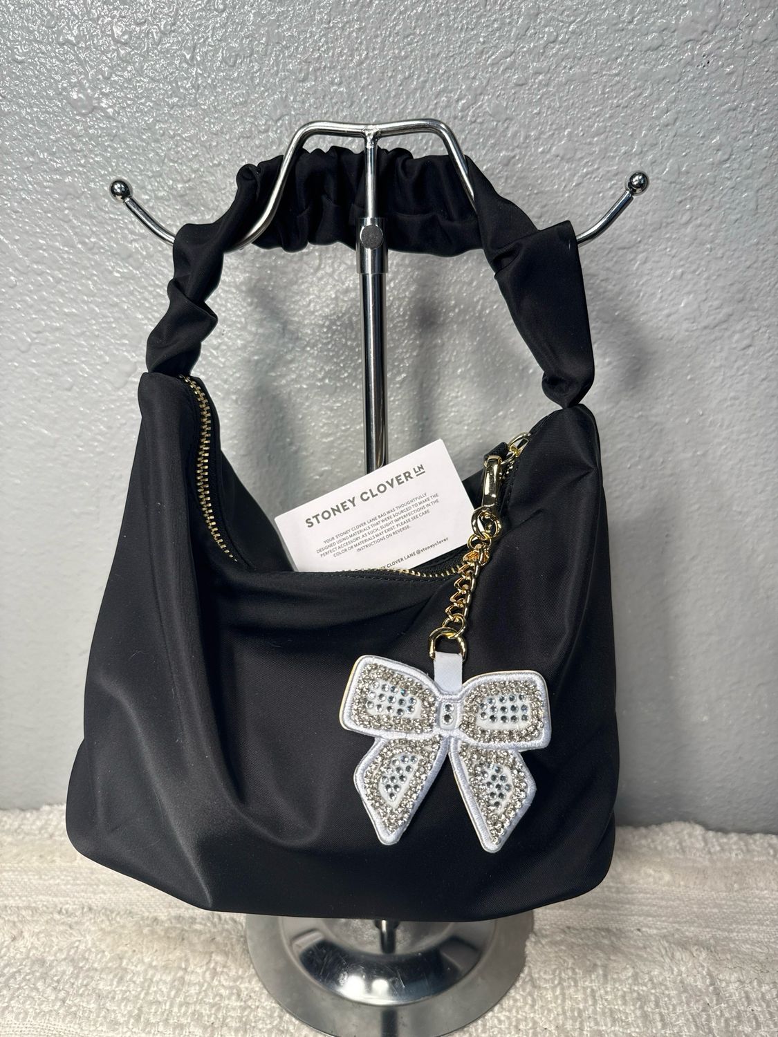 Stoney Clover, Black Nylon With Crystal Bow Charm Shoulder Bag, New Without Tags!