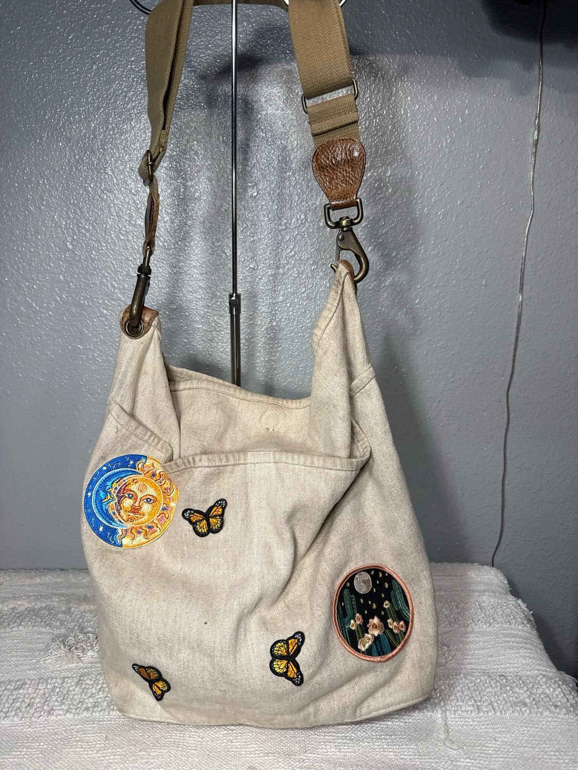 Unbranded, Boho, Cotton Linen and leather Patch Crossbody