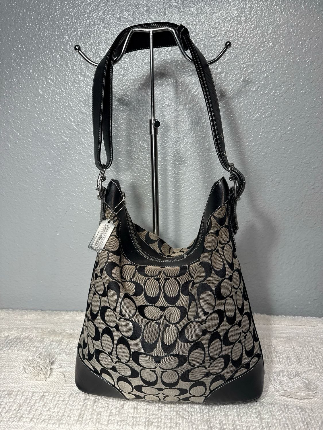 Coach Vintage Black And Gray Card With Black Leather Trim, Crossbody Or Shoulder Bucket Bag