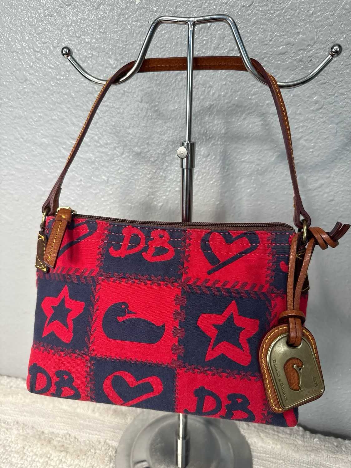 Dooney, &amp; Bourke, Red And Black Canvas With Brown Leather Trim Baguette