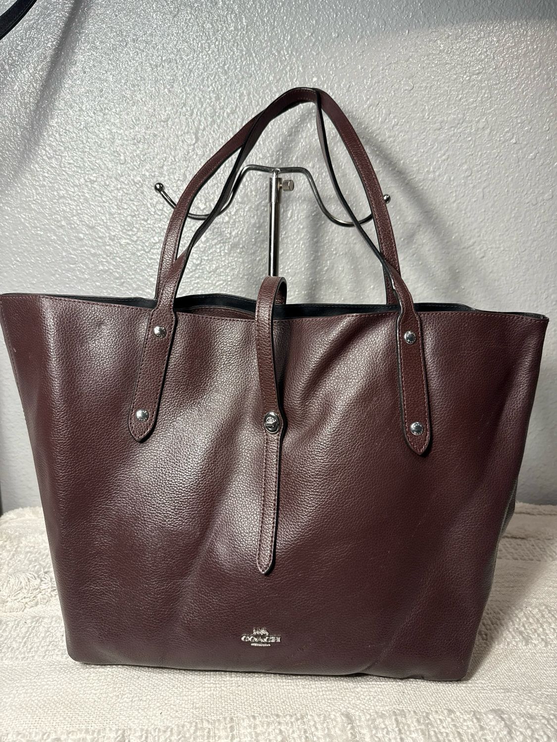 Coach Black Cherry Leather With Silver Twist Lock Tote