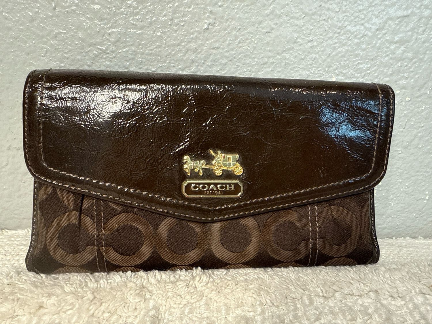 Coach Brown, Jacard, And Patented, Leather Monogram Wallet