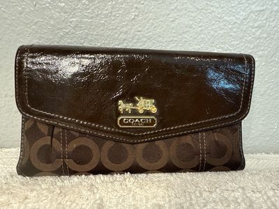 Coach Brown, Jacard, And Patented, Leather Monogram Wallet