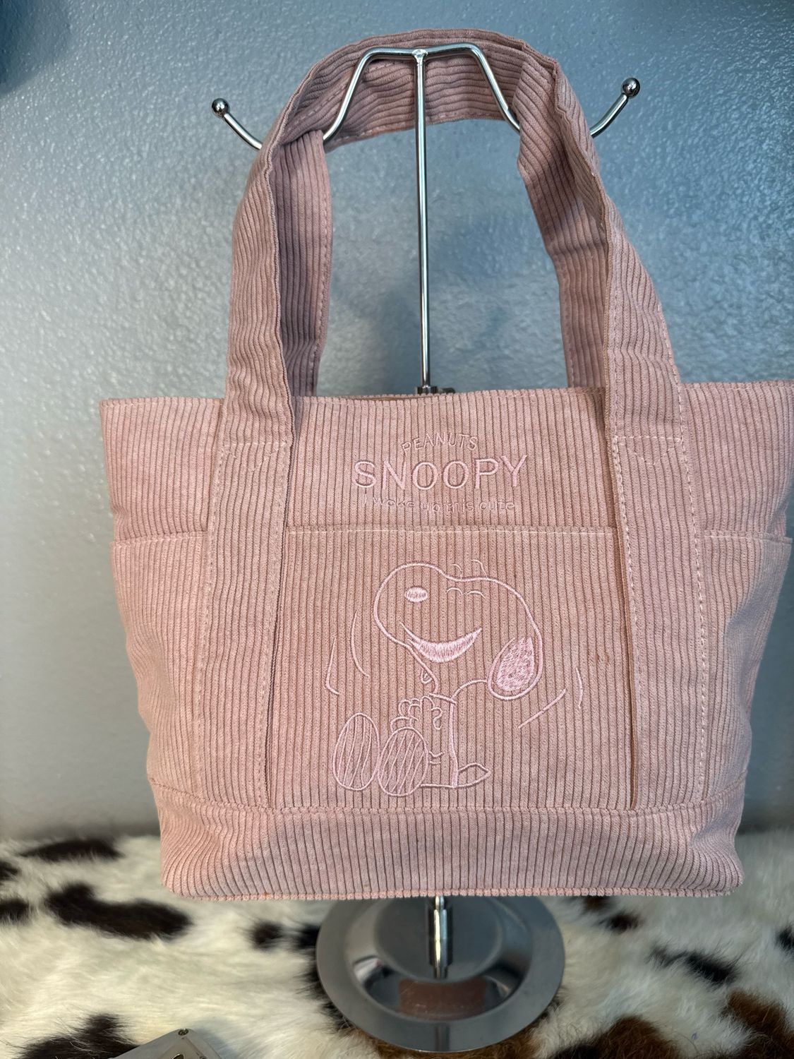 Unbranded Embroidered Snoopy, Pink Corduroy, Multi Pocket Zip Top Tote NWOT!