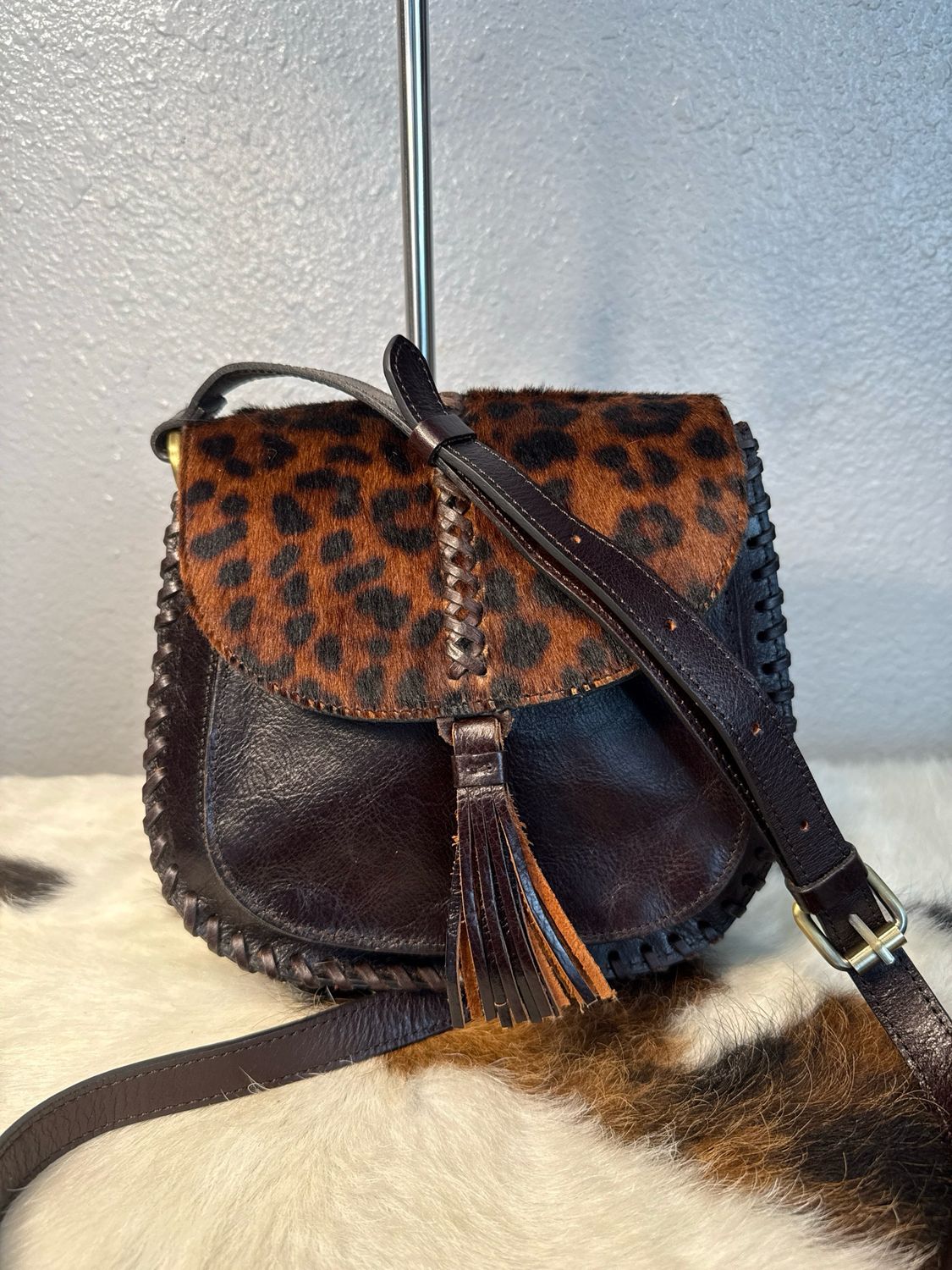 Patricia, Ash Brown, Leather Leopard Hair On Hide Flap Crossbody Bag NWOT