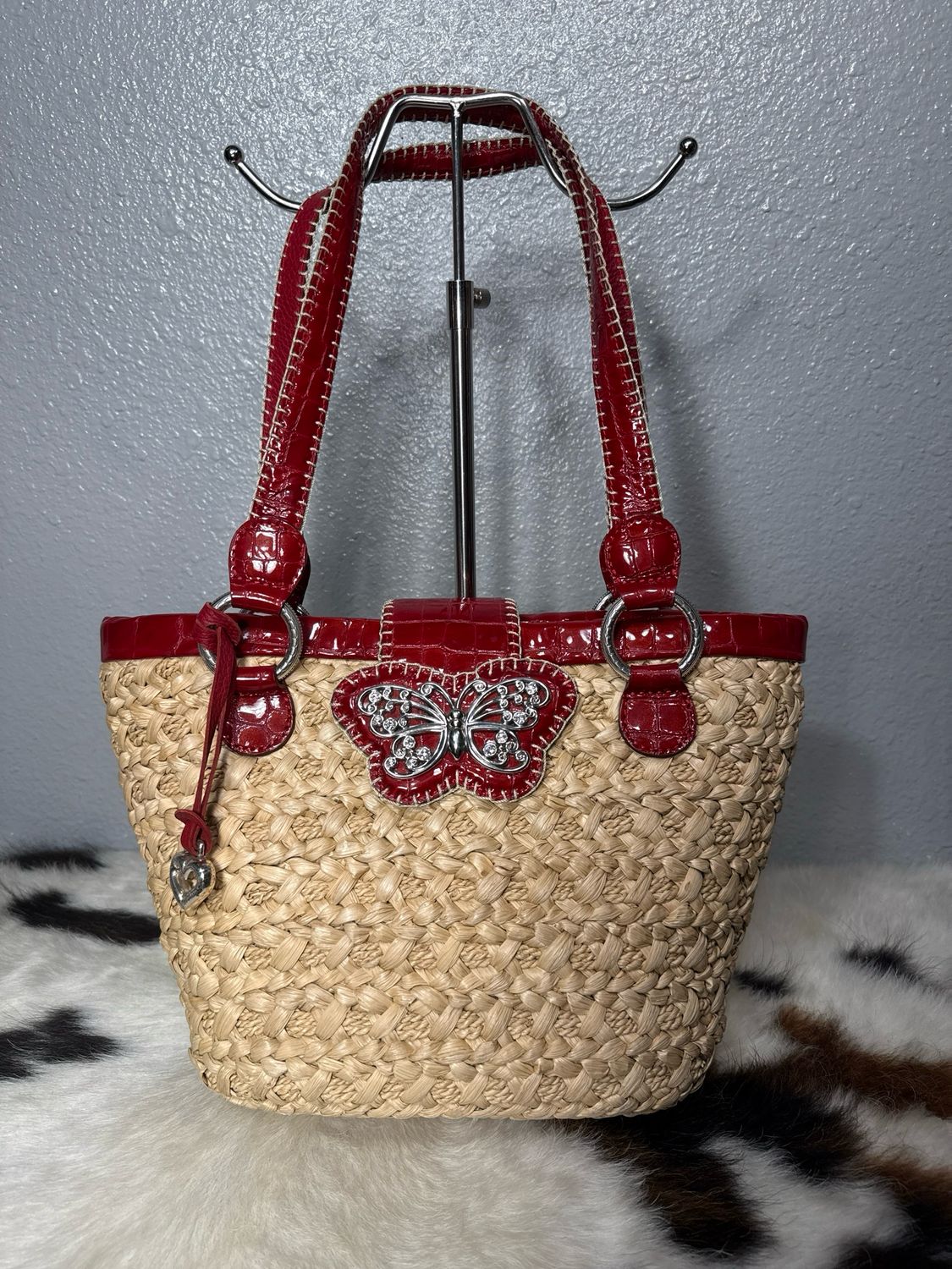 Brighton, Straw And Red Leather Butterfly ToteNWOT!