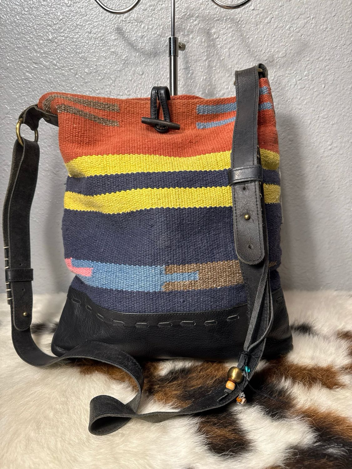 Raj Anthropology Black Leather And Cotton Boho Crossbody Bag $160 Retail