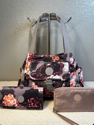 Kipling Purple Roses, Multi Pocket Shoulder Bag Wallet Sold Separately NWOT!