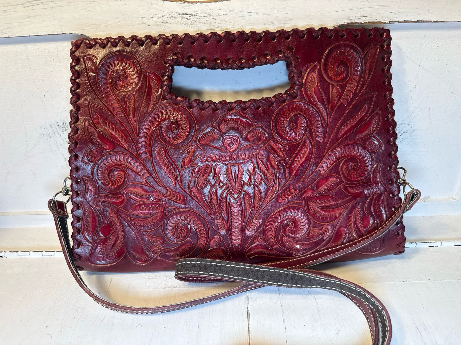 Corazon Tapatio Burgundy, Embossed, Leather Artisan, Made Handbag Or Crossbody NWOT!