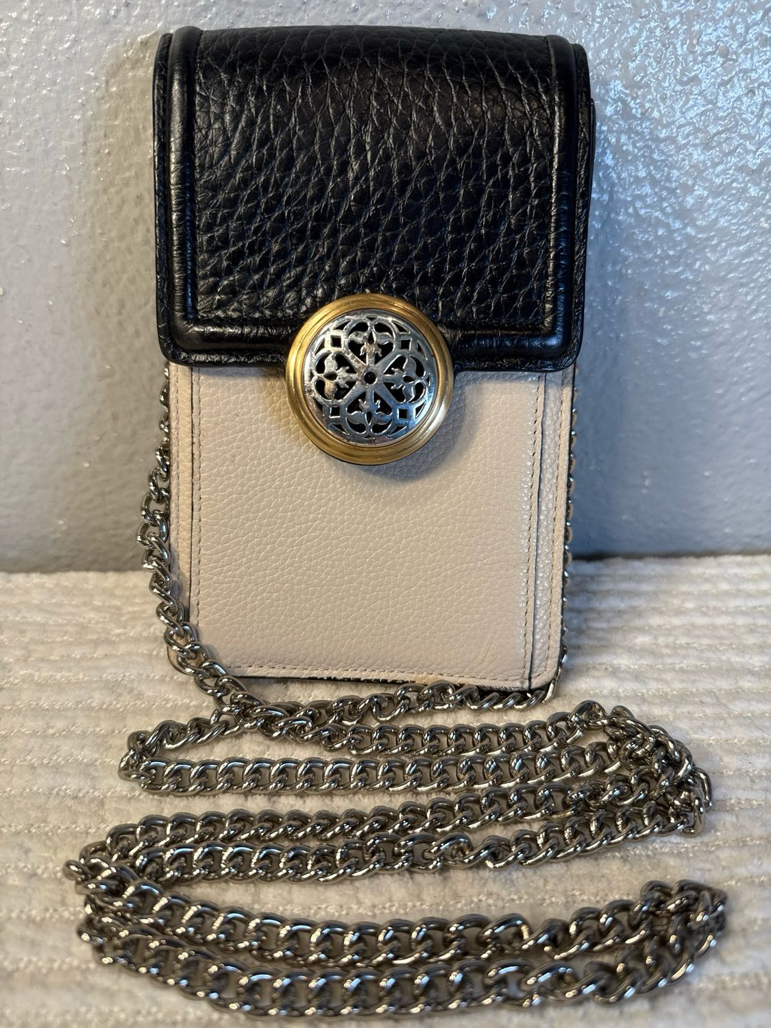 FERRARA by Brighton, Black And Ivory Leather Color Block Wallet On A Chain