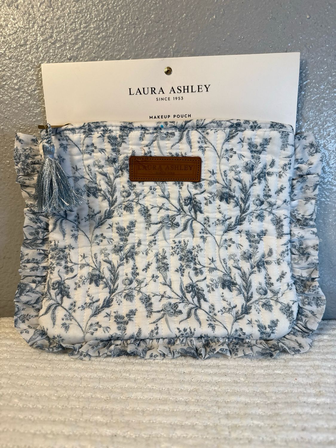 Laura Ashley, gray blue floral quilted makeup pouch catch all clutch