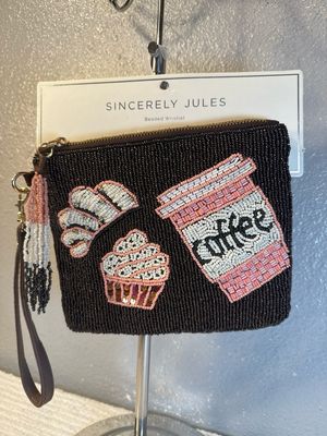 Sincerely Jules Brown And Pink Beaded Coffee Wristlet NWT!