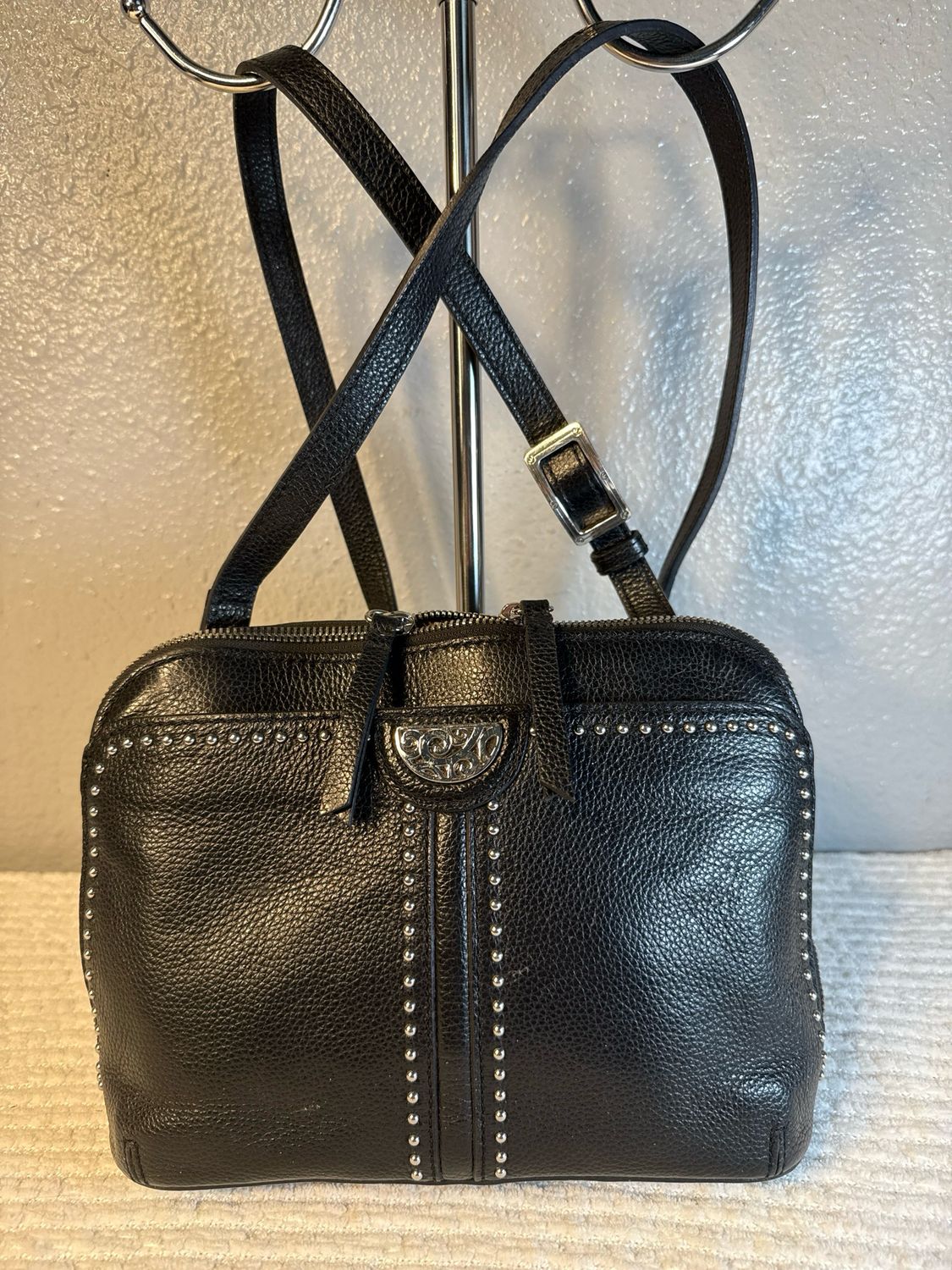 Brighton, Black Pebble Leather With Silver Micro Studs Crossbody Bag With Wallet Inserts
