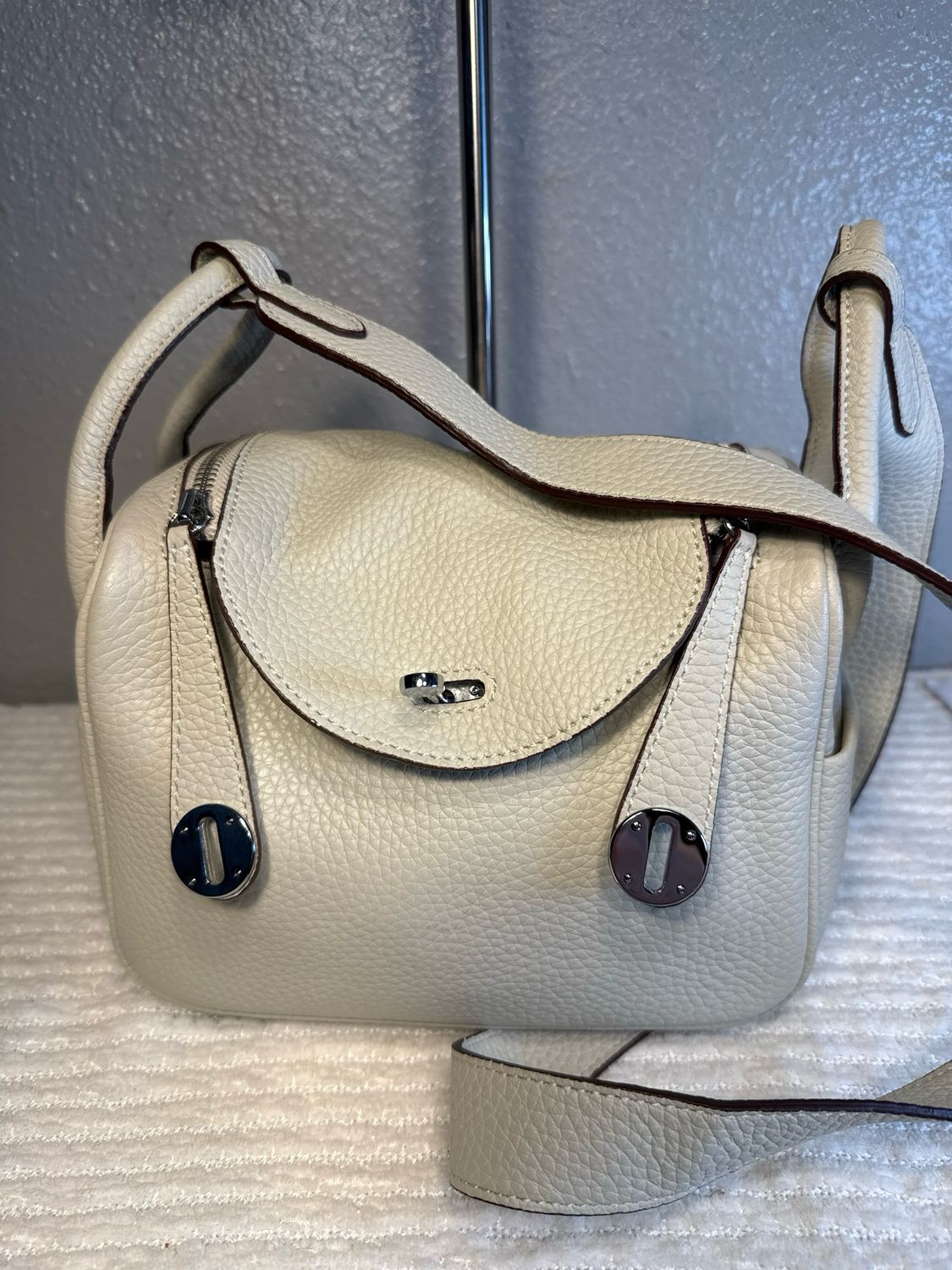 Unbranded Hermes Clemence Style Chalk, Leather Silver Hardware Shoulder Bag Like New