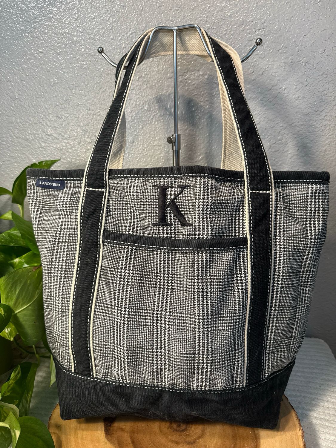 Lands End, Black And Off-White Initial K Canvas Tote Bag