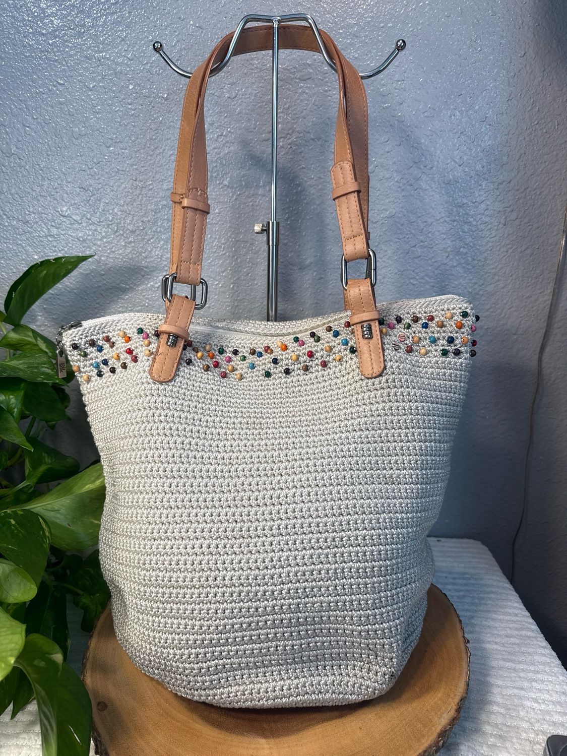 THE SAK Beige Crochet Beaded With Vachetta Leather Zip Top Tote OVER $159 Retail