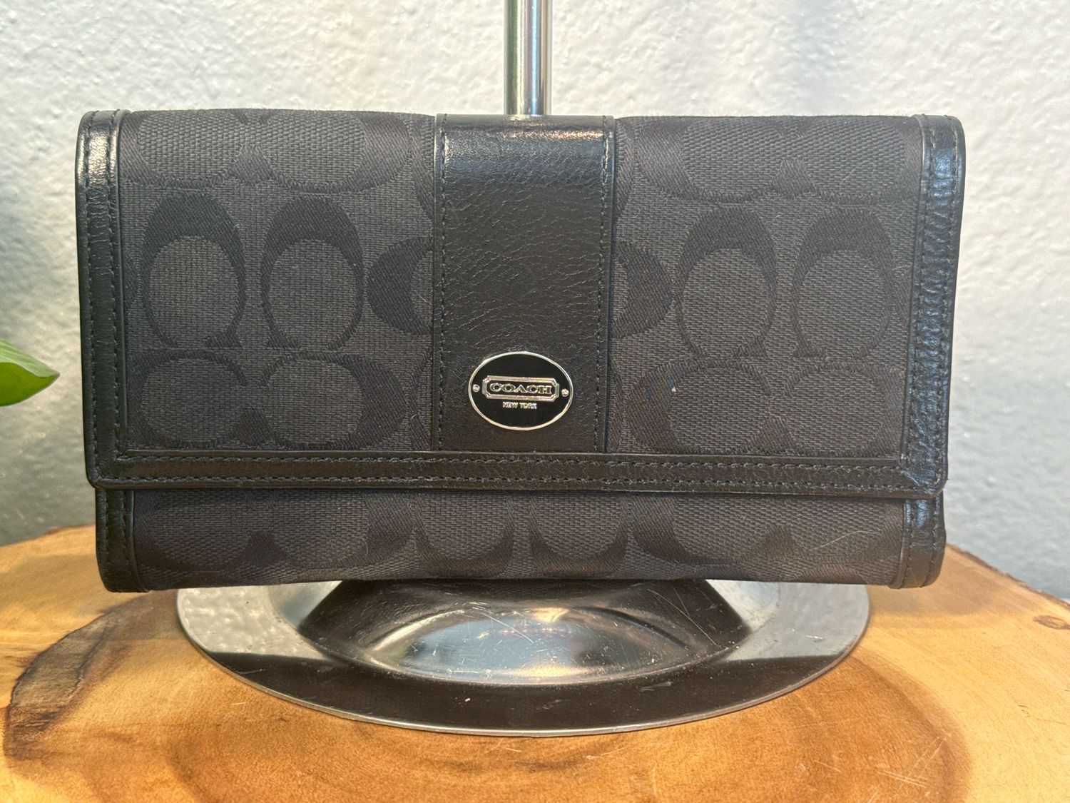 Coach Black Jacard Signature With Black Leather Trim Wallet Like New!