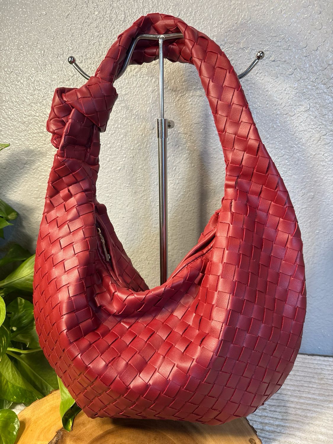 Apryl Bottega, Venetta, Jody Inspired Woven Vegan Leather, Reddish Burgundy Hobo Bag NWOT