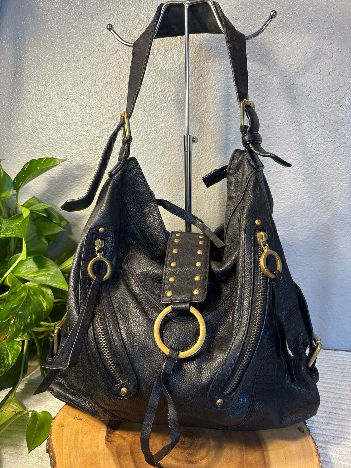Via Spiga Vintage Black Leather Hobo Bag