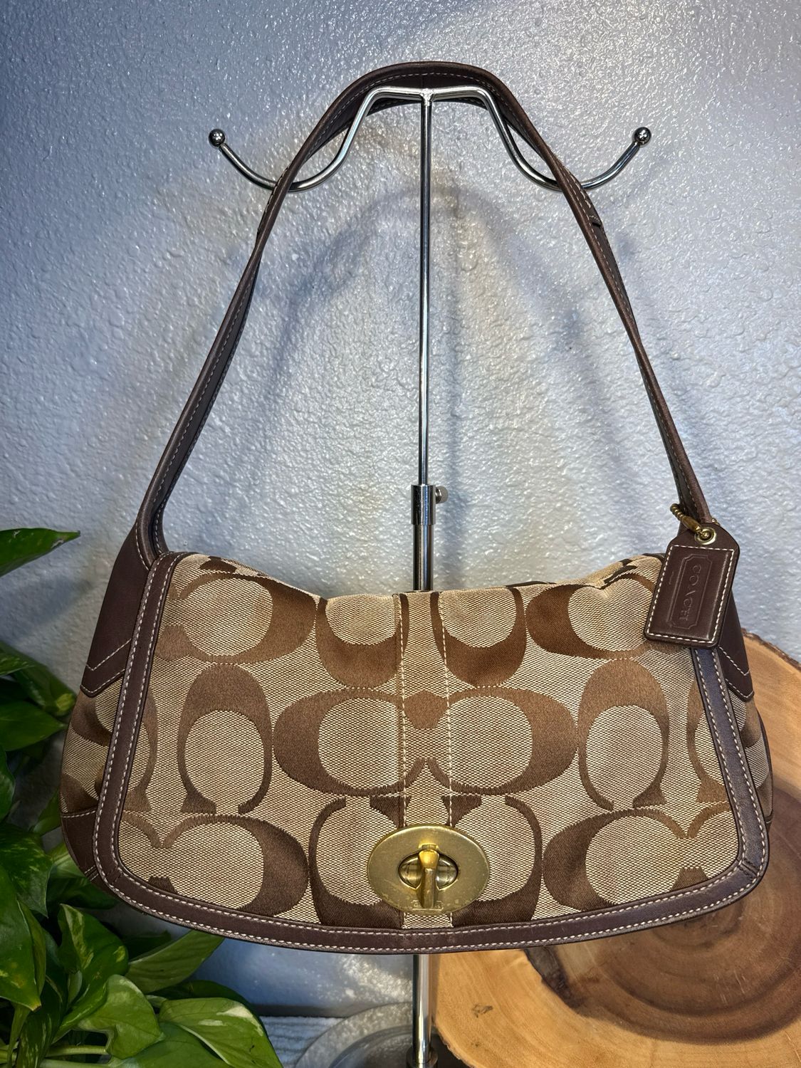 Coach Vintage Ergo brown Jacquard signature with brown leather trim flap shoulder bag