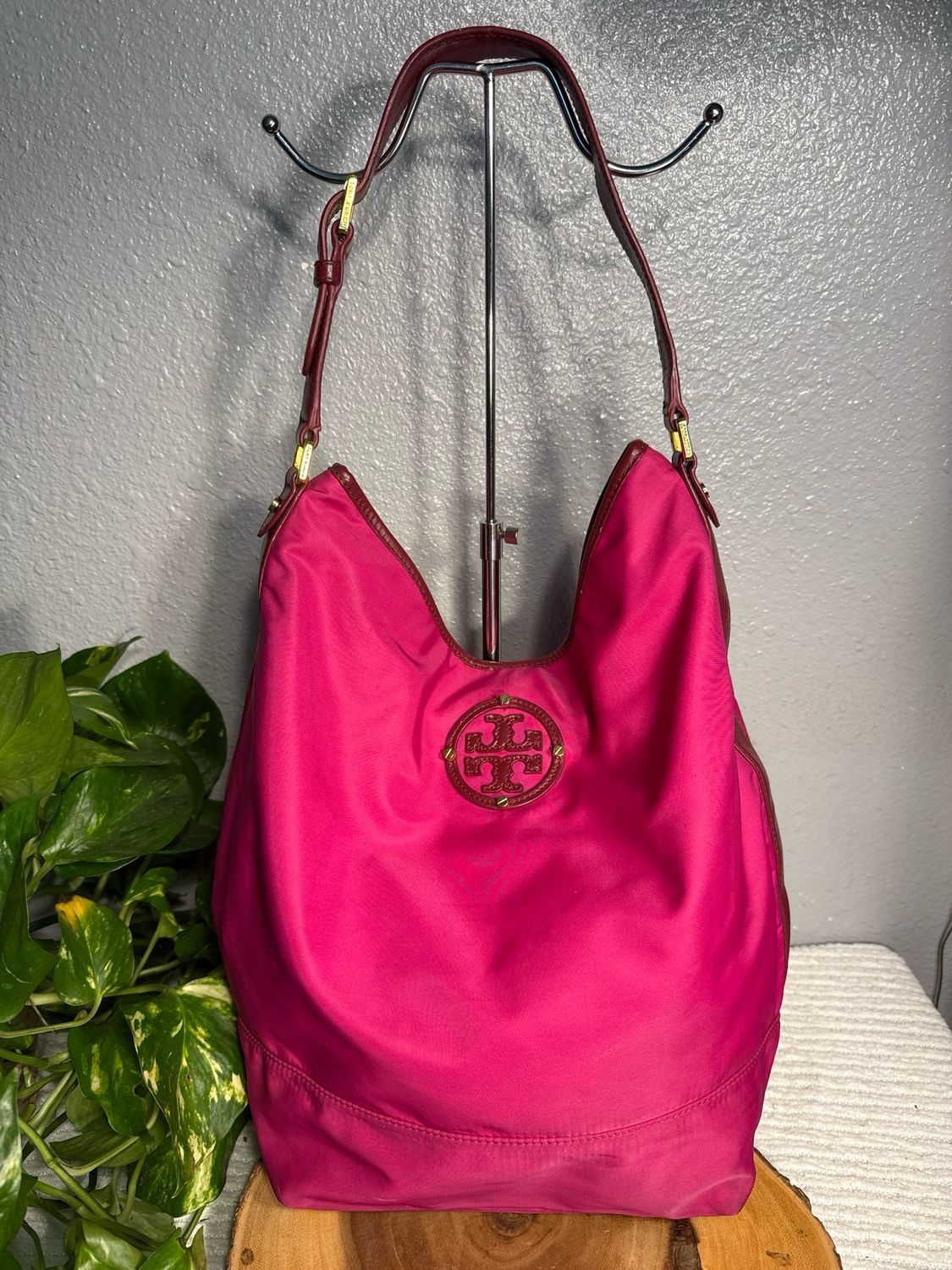 Tory Burch, Pink Nylon And Burgundy, Leather Trim, Large Shoulder Bag