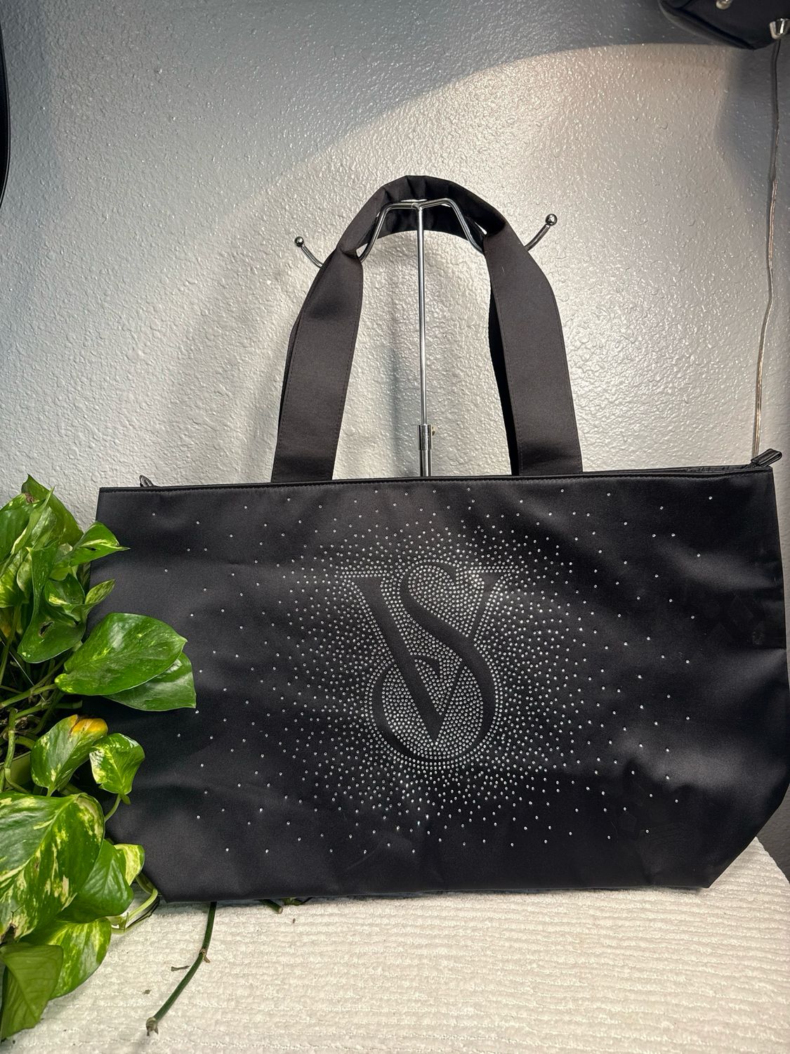 Victoria’s Secret Large Black Satin With Crystals Zip Top Tote NWOT
