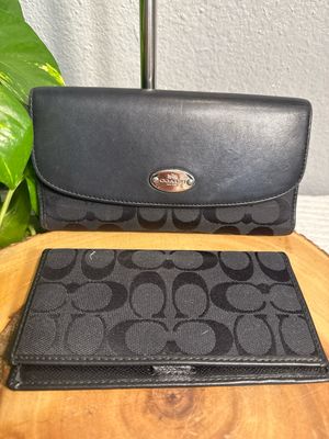 Coach Black Jacard Signature With Black Leather Checkbook Wallet